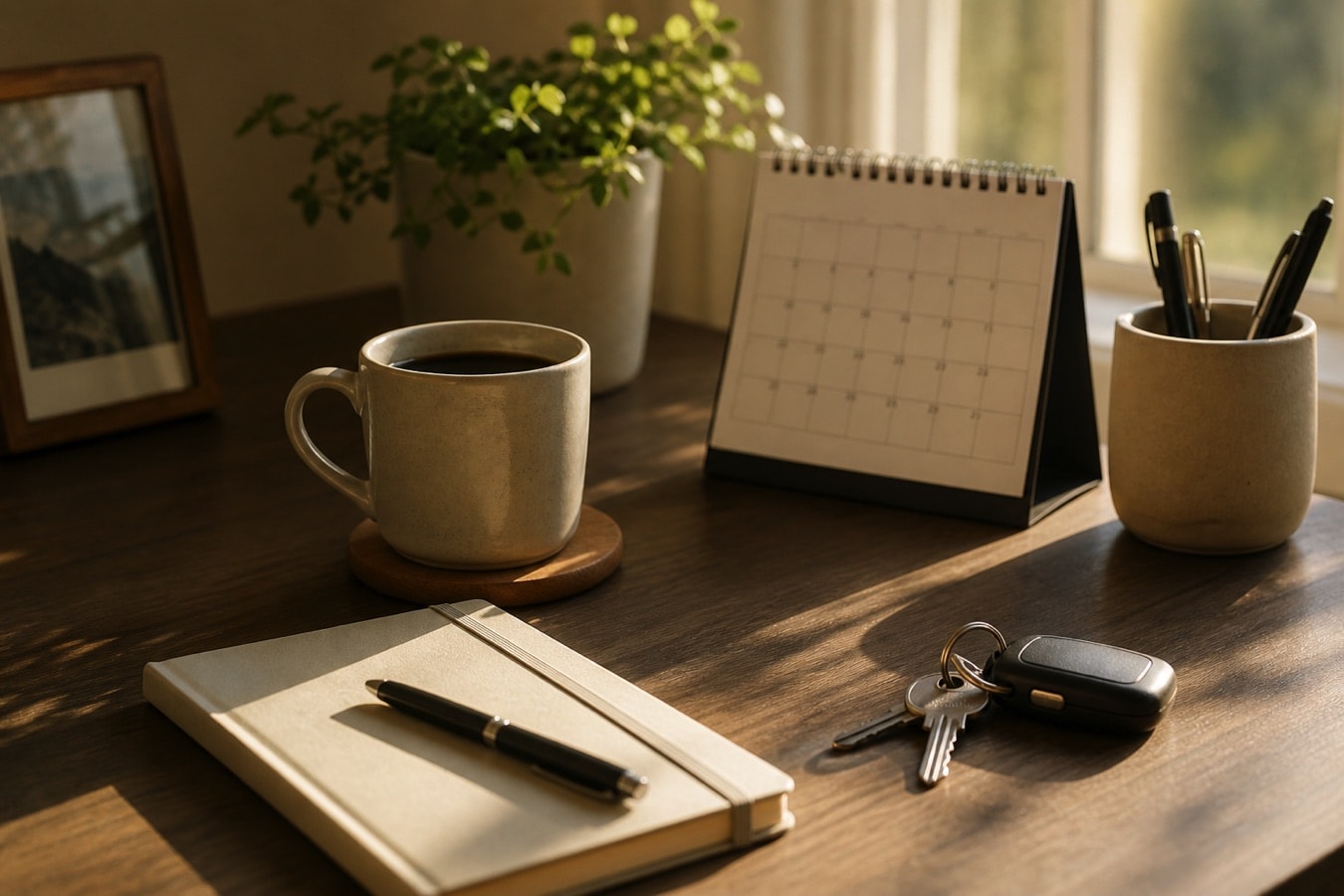 A morning table with coffee, a notebook, a calendar, and keys as a symbol of everyday habits
