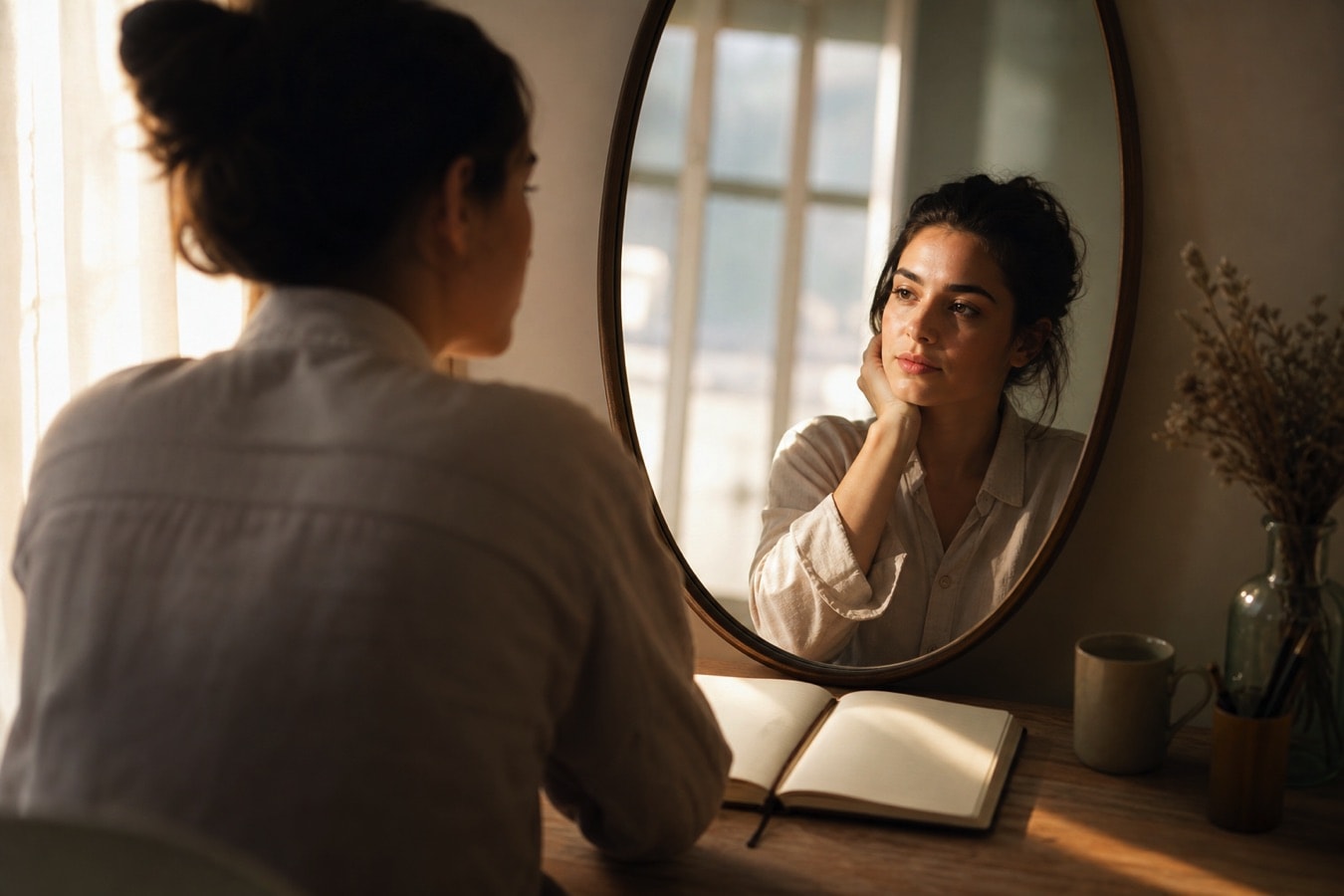 A person sitting in front of a mirror reflecting on themselves with an open notebook
