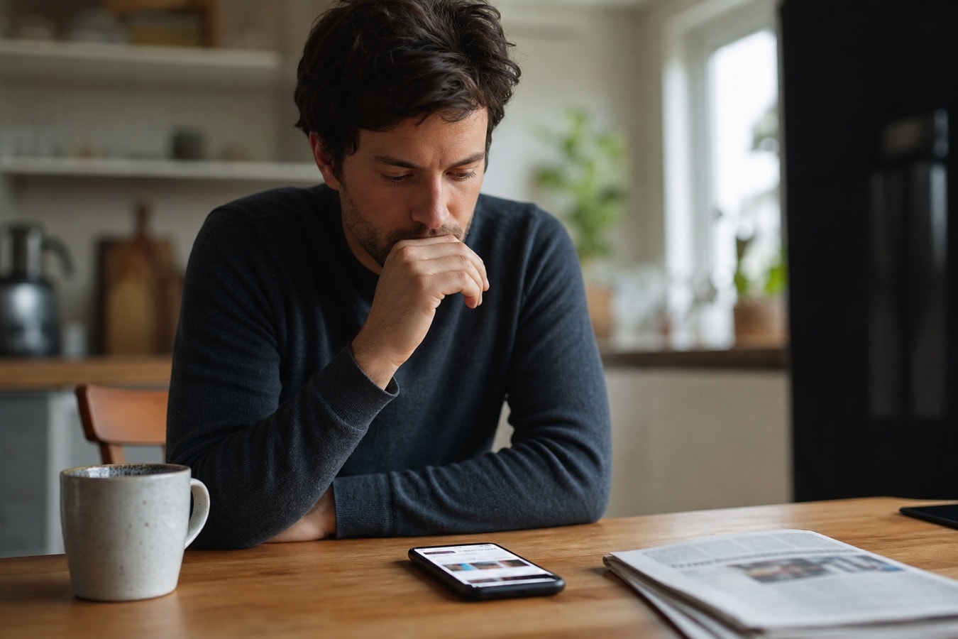 A person at a table reflecting on the news and everyday decisions