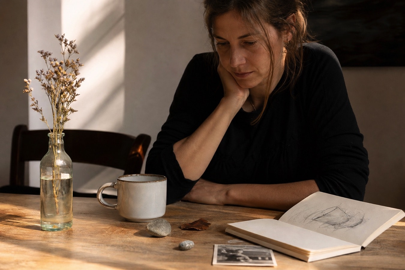 A person at a table reflecting on small objects and personal meaning
