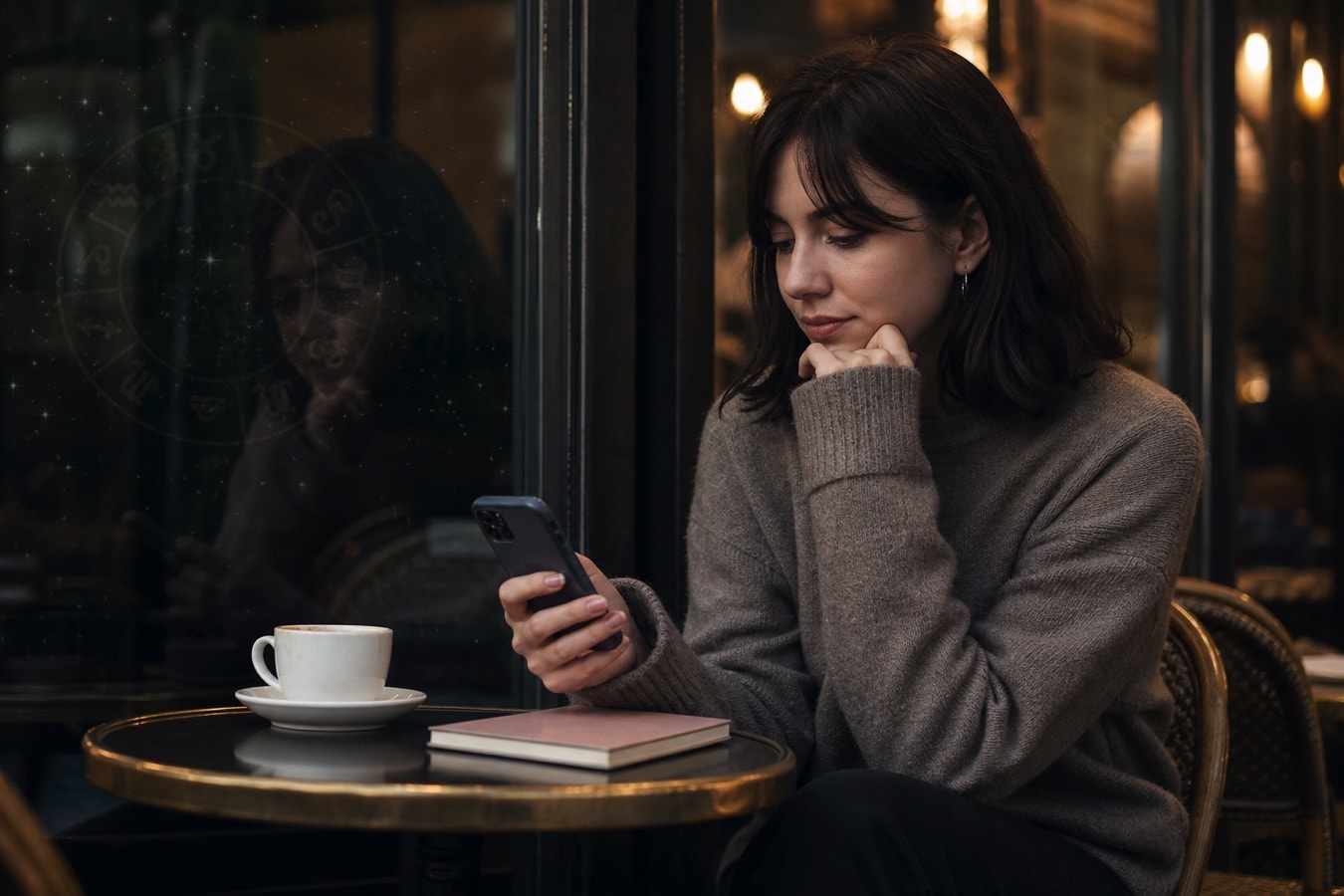 A person reading a horoscope in a café and reflecting on its meaning