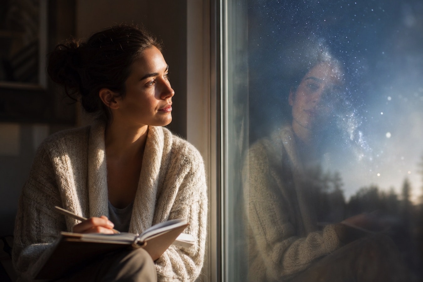 A person writing in a notebook by a window as a symbol of attentiveness instead of prediction