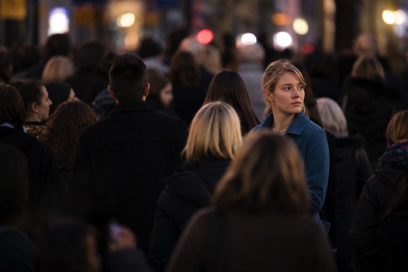 A person standing aside in a city crowd and reflecting on social pressure
