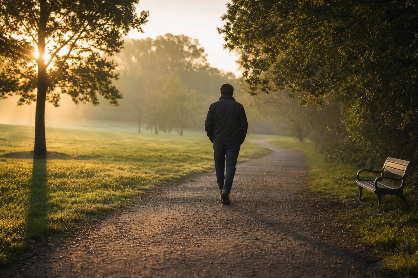A person walking slowly through a park in morning light